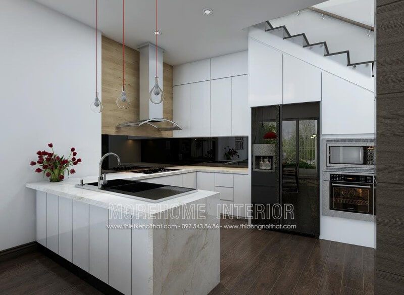 Mẫu tủ bếp màu trắng được làm từ chất liệu gỗ An Cường được nhiều khách hàng yêu thích bởi sự sang trọng và tinh tế mang lại của nó