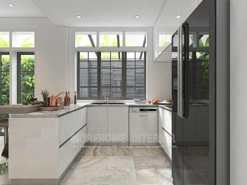 Tủ bếp cao cấp được sử dụng chất liệu công nghiệp phủ bóng gương tạo chiều sâu cho không gian phòng kết hợp sáng tự nhiên kết và tone màu trắng chủ đạo giúp không gian trở nên vô cùng thu hút, hiện đại hơn.
