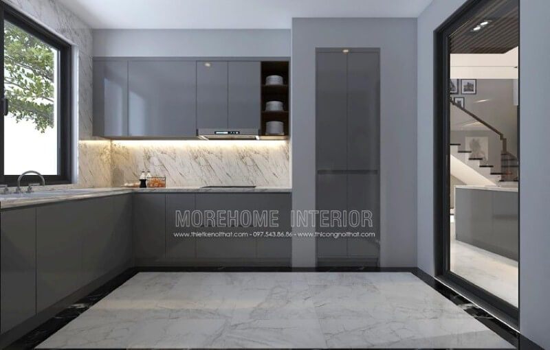 Tủ bếp hiện đại, sang trọng ấn tượng với chất liệu gỗ acrylic màu xám độc đáo.
