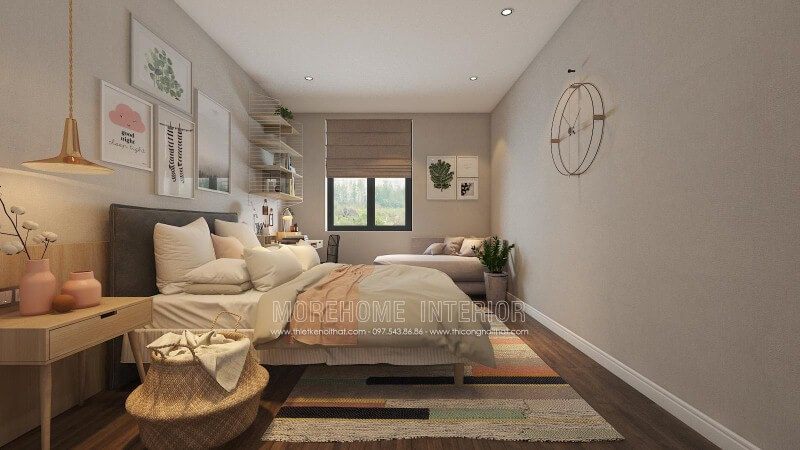 Trang trí nội thất phòng ngủ hiện đại đẹp trẻ trung với điểm nhấn tranh treo tường, góc học tập, làm việc độc đáo.