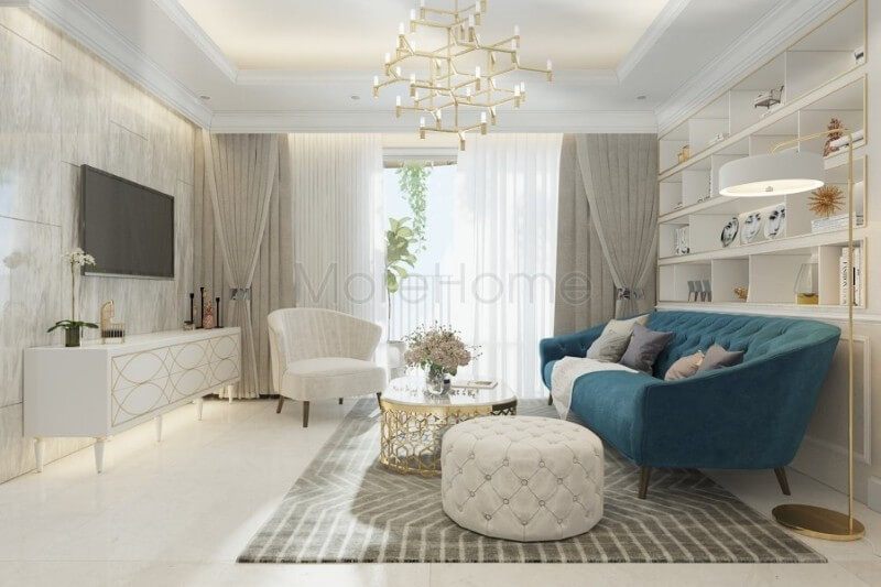Bộ sofa đẹp bọc nỉ màu xanh ấn tượng được coi là điểm nhấn sang trọng, tạo sự tươi mới cho không gian phòng khách của gia chủ