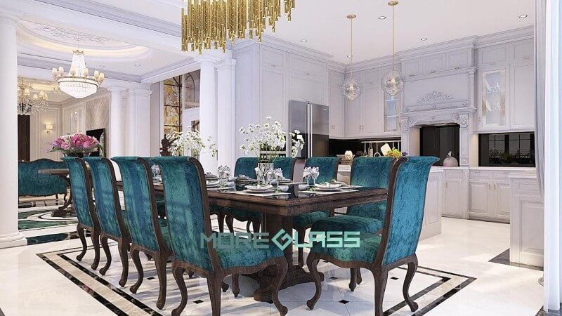 Mẫu thiết kế phòng bếp liền phòng ăn biệt thự cao cấp mang phong cách quý tộc.