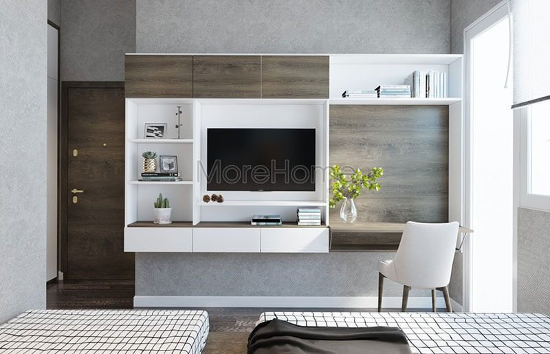 Mẫu bàn học kết hợp kệ trang trí gỗ công nghiệp với tone màu trắng hiện đại đẹp cho nội thất phòng ngủ