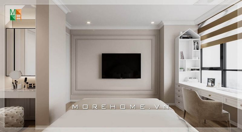 Mẫu bàn làm việc kết hợp giá sách màu trắng rất sang trọng và tiện nghi
