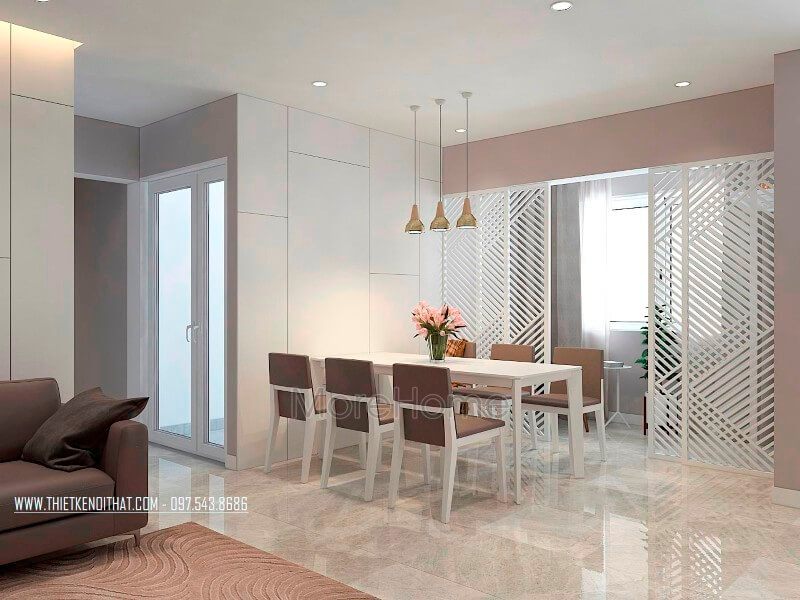 Thiết kế nội thất khu vực phòng ăn đơn giản nhưng đáng kế, bao gồm bàn ghế ăn hiện địa, đèn thả trần cách điệu để tạo ra sự ấn tượng.