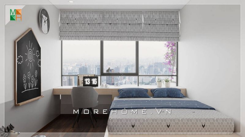 Với không gian phòng ngủ nhỏ hẹp của chung cư, nhà phố thì điểm yếu là không có cửa sổ 2 bên, KTS Morehome đã tận dụng bức tường để mở cửa sổ kính cường lực giúp căn phòng trở nên thoáng mát, dễ chịu và mở rộng không gian ra bên ngoài.
