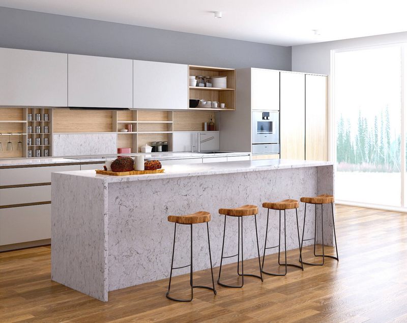 Đá ốp đảo bếp đá nhân tạo với đường vân đẹp mắt sẽ góp phần tạo nên sự sang trọng và thẩm mỹ cao cho không gian. Ngoài ra, các đường uốn cong tinh tế cũng là một ưu điểm nổi bật của sản phẩm này, giúp tổng thể trở nên chỉnh chu cao cấp hơn mà không làm tổn thương vết nối.
