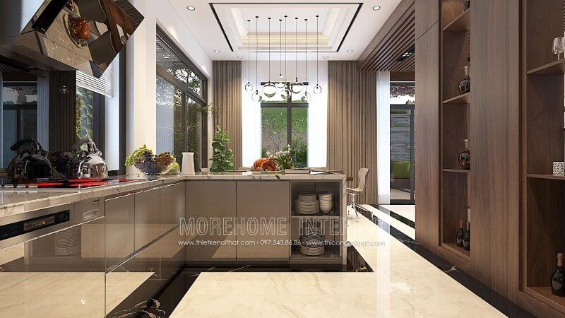 Tủ bếp Acrylic phủ bóng gương mới lạ với tone màu xám nhẹ sẽ góp phần tạo nên sự sang trọng cho căn phòng.