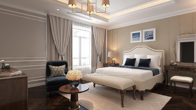 Tạo ra một không gian phòng ngủ tân cổ điển đẹp, sang trọng với sự nổi bật của sắc trắng từ bộ đôn, giường bọc nệm gỗ óc chó tự nhiên.